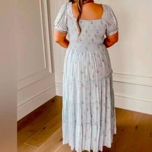 Jessakae Alice Blue & Pink Floral Smocked Tiered Ruffled Maxi Dress.